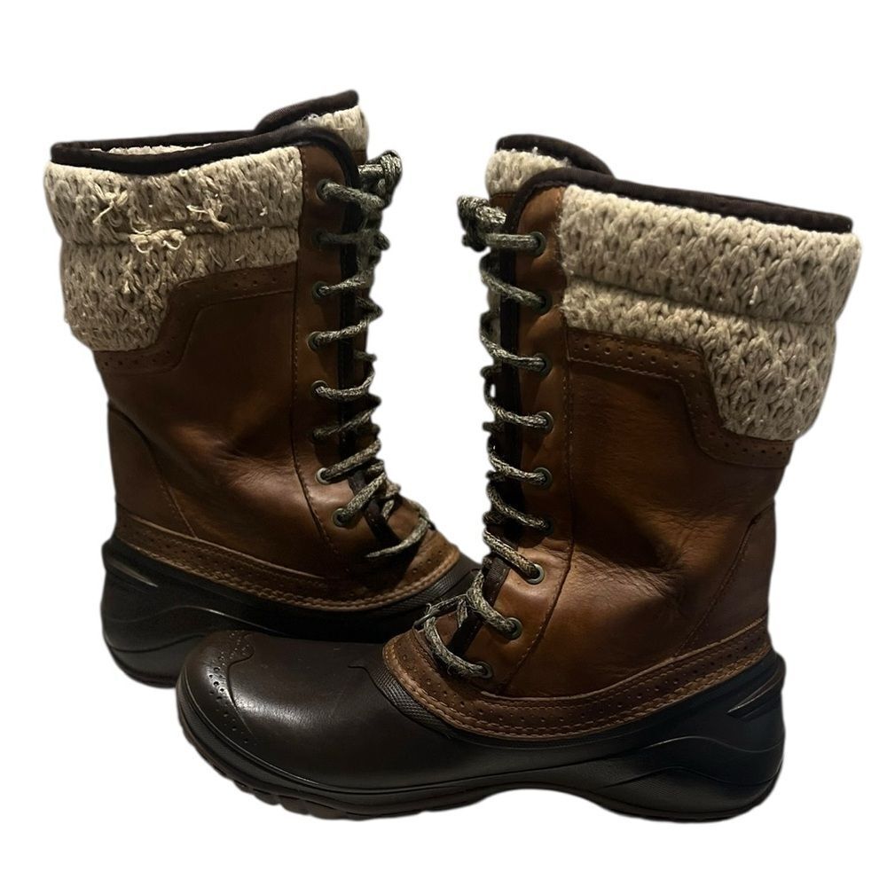 The North Face Shellista II Mid Calf Waterproof Snow Boots 9 Brown Cable Knit